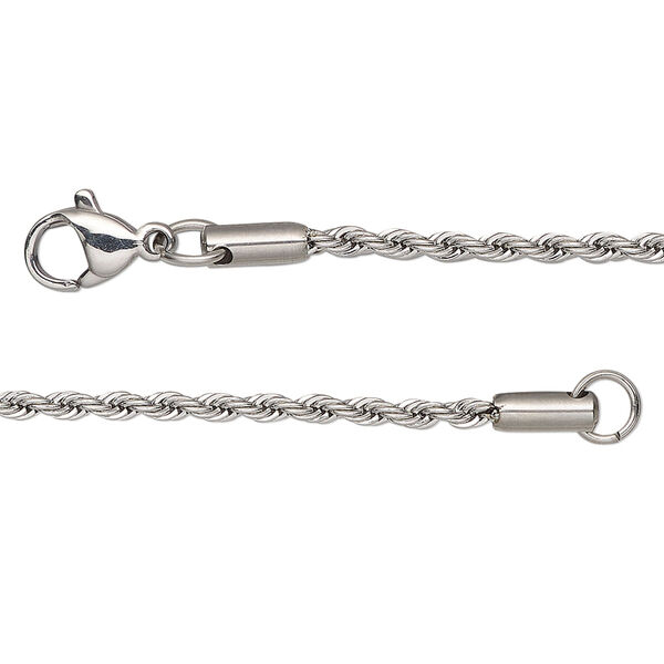 Chain, stainless steel, 2mm French rope, 24 inches with lobster claw clasp. Sold individually. image number 0