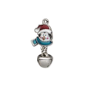 Charm, enamel and imitation rhodium-plated "pewter" (zinc-based alloy), multicolored with glitter, 23x11mm single-sided penguin with jingle bell. Sold individually.