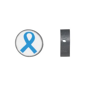 Bead, polymer clay, white / black / light blue, 14mm double-sided flat round with awareness ribbon. Sold per pkg of 30.