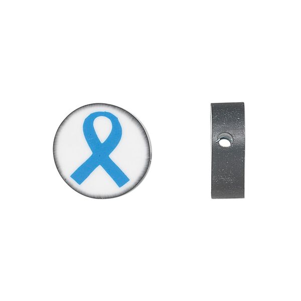 Bead, polymer clay, white / black / light blue, 14mm double-sided flat round with awareness ribbon. Sold per pkg of 30. image number 0