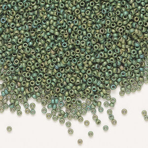 Seed bead, Miyuki 1pkg35g, glass, #15 rocaille, opaque matte gold luster sage green (RR-2031)