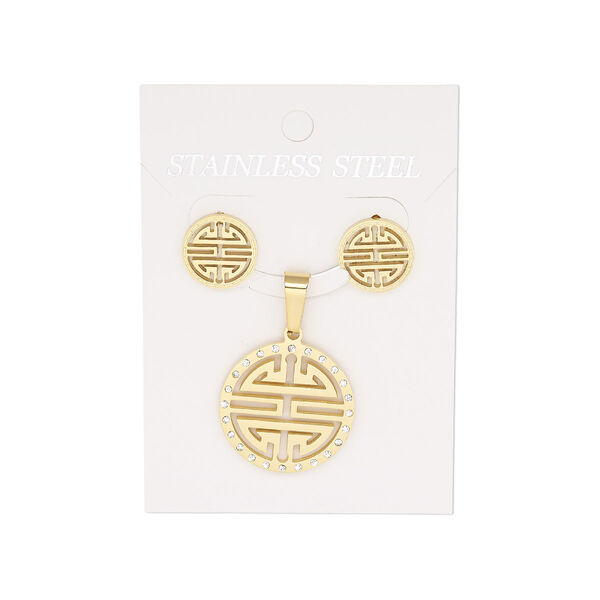 Pendant and earring, glass rhinestone and gold-finished stainless steel, clear, 26mm round pendant with cutout Chinese translation for "long life," 14mm round with cutout Chinese translation for "long life" and post. Sold per set. image number 0