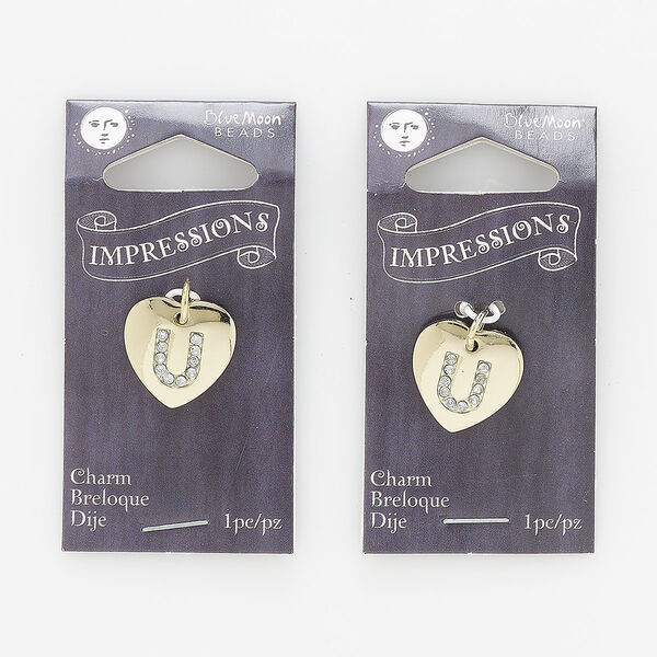 Charm, gold-finished "pewter" (zinc-based alloy) / steel / acrylic rhinestone, clear, 15.5x15mm single-sided puffed heart with letter "U." Sold per pkg of 2. image number 0