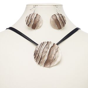 Necklace and earring set, 6-strand, enamel / waxed cotton cord / imitation rhodium-finished steel / "pewter" (zinc-based alloy), black / light brown / dark brown, 56mm round, 18-inch necklace with 2-inch extender chain and lobster claw clasp, 47mm earrings with fishhook ear wire. Sold per set.