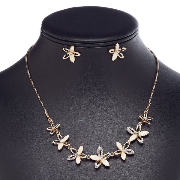 Necklace and earring set, Everyday Jewelry, crystals / enamel / rose gold-finished steel / brass / "pewter" (zinc-based alloy), white and crystal clear, 13mm-19x18mm flower, 18-inch necklace with 2-inch extender chain and lobster claw clasp, 17x16mm flower with post. Sold per set. image number 0