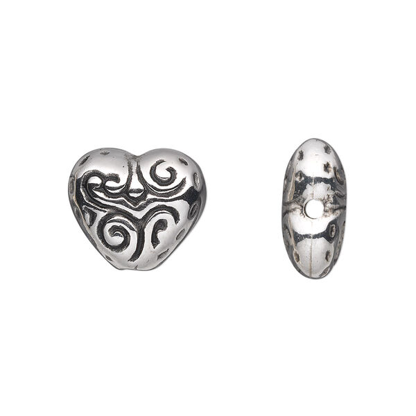 Bead, antiqued silver-finished copper-coated plastic, 15x13mm double-sided heart. Sold per 50-gram pkg, approximately 60 beads. image number 0