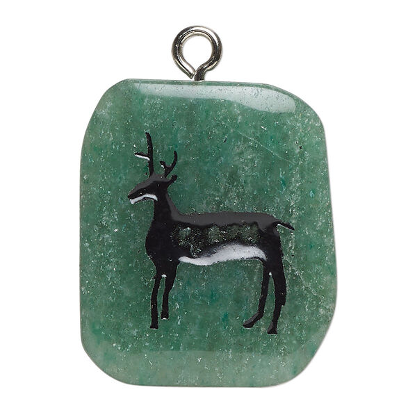 Drop, steel and green aventurine (natural), pkg/1, silver finish enamel translucent black, 28x23-38x28mm freeform rectangle, B Grade. image number 0