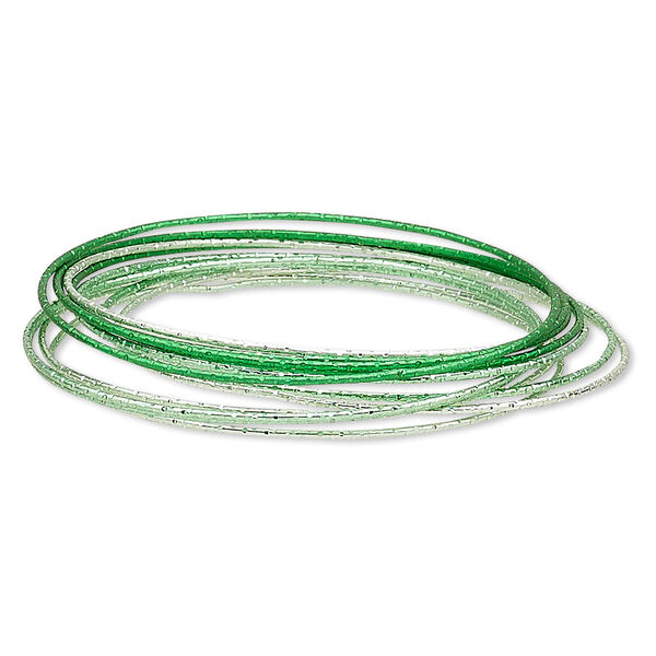 Bracelet, bangle, steel, light green / green / dark green, 1mm wide, 8 inches. Sold per 12-piece set. image number 0