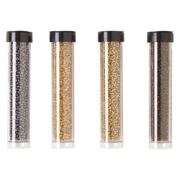 Seed bead assortment, Ming Tree&trade;, glass, pkg/(4) 4 x 3/4 inch vials, #11 round, transparent rainbow, silver-lined and luster tan, root beer and brown. image number 0