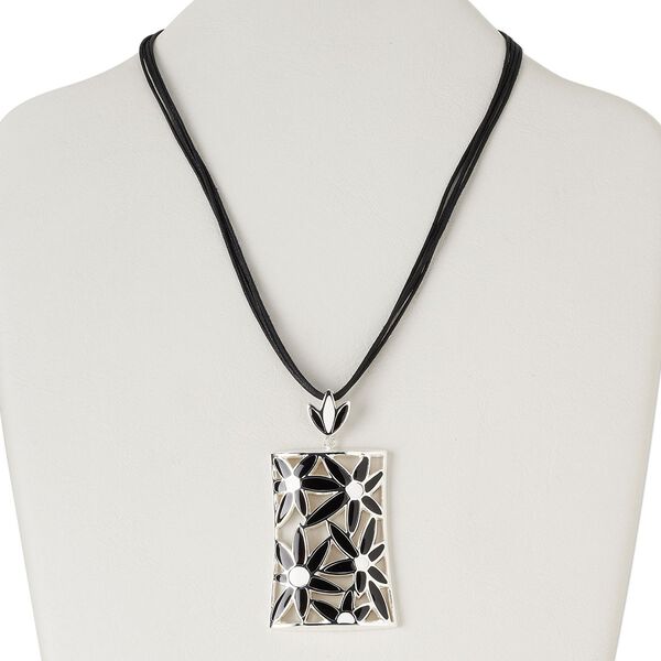Necklace, 4-strand, silver-plated steel and "pewter" (zinc-based alloy) / epoxy / waxed cotton cord, black and white, 57x40mm open rectangle with flower design, 16 inches with 3-inch extender chain and lobster claw clasp. Sold individually. image number 0