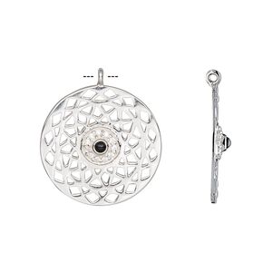 Drop, black onyx (dyed) / cubic zirconia / sterling silver, clear, 19.5mm single-sided flat round with cutout design. Sold individually.