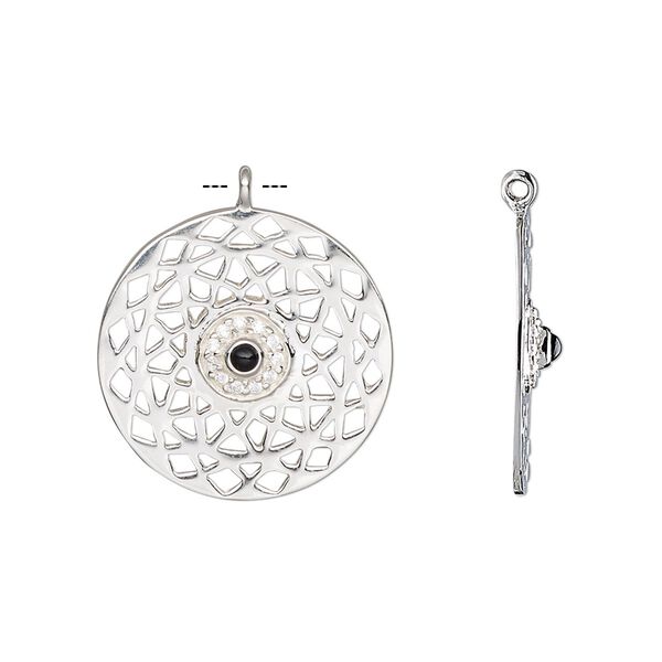 Drop, black onyx (dyed) / cubic zirconia / sterling silver, clear, 19.5mm single-sided flat round with cutout design. Sold individually. image number 0