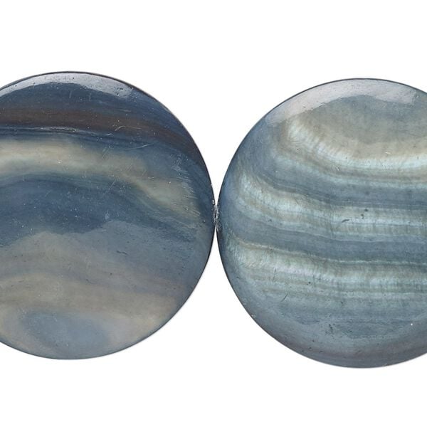 Bead, mother-of-pearl shell (dyed), steel blue, 29-30mm flat round with 0.6-1mm hole, Mohs hardness 3-1/2. Sold per 15-inch strand. image number 0