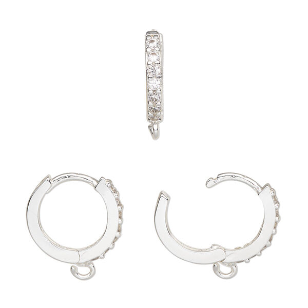 Hoop, silver-finished brass and cubic zirconia, clear, 15mm hoop, 17 gauge. Sold per pair. image number 0