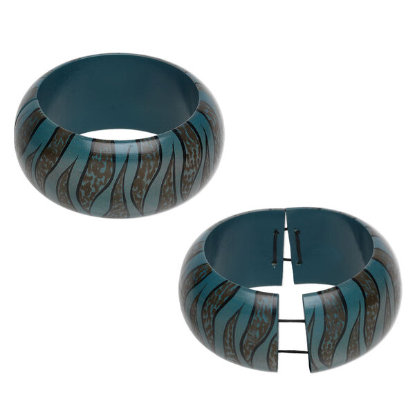 Bracelet, stretch bangle, wood, blue / brown / black, 38mm wide with hand-painted tiger stripe design, 7-1/2 inches. Sold individually. image number 0