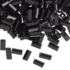 Bugle bead, glass, opaque black, 7x3mm square tube. Sold per 50-gram pkg, approximately 800 beads.