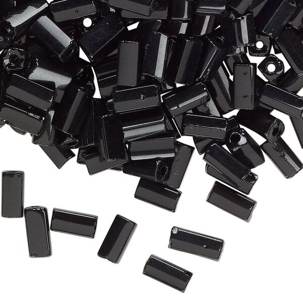 Bugle bead, glass, opaque black, 7x3mm square tube. Sold per 50-gram pkg, approximately 800 beads. image number 0