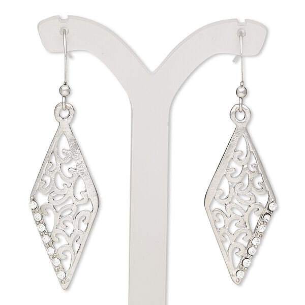 Earring, glass rhinestone with imitation rhodium-finished brass and "pewter" (zinc-based alloy), clear, 2 inches with brushed diamond and cutout design with fishhook ear wire. Sold per pair. image number 0