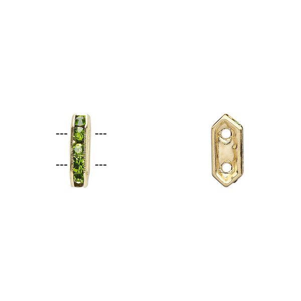 Spacer, glass rhinestone and gold-finished brass, peridot green, 11x2.5mm 2-strand bridge, fits up to 4.5mm bead. Sold per pkg of 10. image number 0