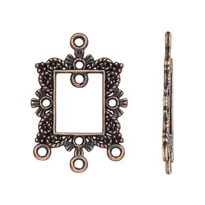 Drop, antique copper-finished "pewter" (zinc-based alloy), 23x21mm single-sided open rectangle frame with fancy beaded design and 4 closed loops. Sold per pkg of 10.
