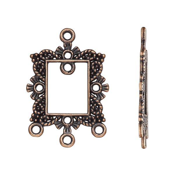 Drop, antique copper-finished "pewter" (zinc-based alloy), 23x21mm single-sided open rectangle frame with fancy beaded design and 4 closed loops. Sold per pkg of 10. image number 0