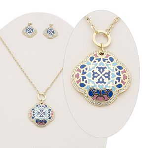 Necklace and earring set, enamel / Czech glass rhinestone / gold-plated brass, multicolored, 38x38mm clover, 15" to 16" necklace with 2-inch extender chain and lobster claw clasp, 30mm earrings with post. Sold per set.