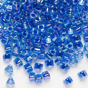 Seed bead, Miyuki, glass, transparent light blue color-lined purple, (TR1829), #5 triangle. Sold per 250-gram pkg.
