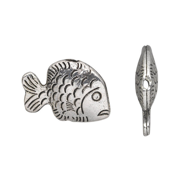 Bead, antique silver-plated "pewter" (zinc-based alloy), 23x15mm hollow fish. Sold per pkg of 10. image number 0