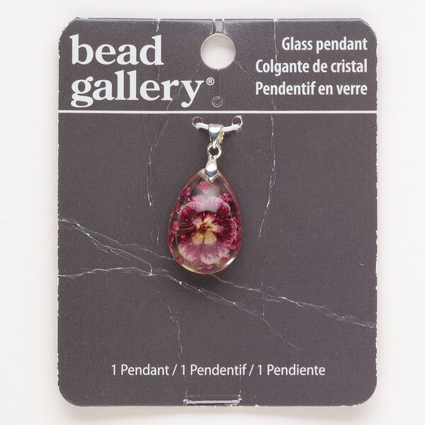 Pendant, silver-finished "pewter" (zinc-based alloy) and lampworked glass, multicolored, 24x17mm teardrop with flower. Sold individually. image number 0