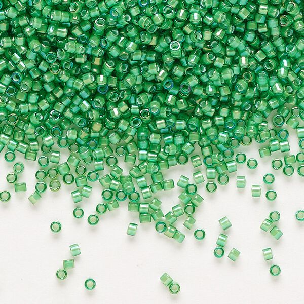 Seed bead, Delica®, glass, pkg/250g, #11 round, translucent white-lined luster green (DB-1787). image number 0