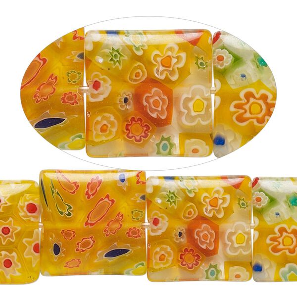 Bead, millefiori glass, transparent multicolored, 16mm puffed square with 0.6-0.8mm hole. Sold per 15-inch strand. image number 0
