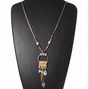 Necklace, leather (dyed) / glass / ceramic / resin / antiqued silver-finished brass / steel / "pewter" (zinc-based alloy) / antiqued gold-finished "pewter" (zinc-based alloy), brown and clear, 4-1/2 inch dangle with cone, 27 inches with lobster claw clasp. Sold individually.