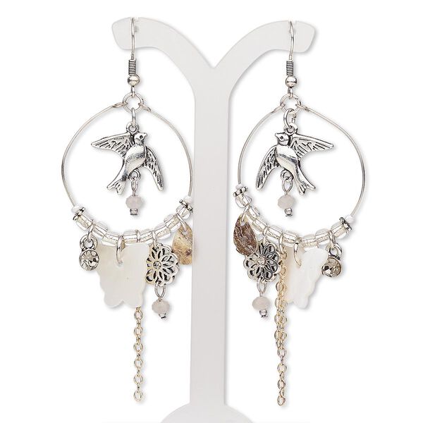 Earring, Chinese mussel shell / mother-of-pearl shell (natural / bleached) / glass / antique silver- / gold-finished "pewter" (zinc-based alloy) / brass / steel, white / clear / grey, 3-1/2 inches with round hoop and fishhook ear wire. Sold per pair. image number 0