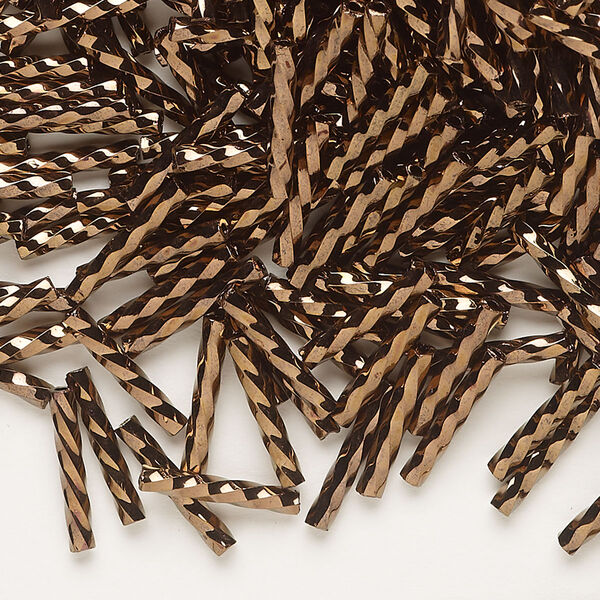Bugle bead, Dyna-Mites™, glass, opaque iris bronze, 12mm twisted. Sold 50-gram pkg. image number 0