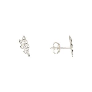 Earstud sterling silver 1pkg2, 10.5x4.5mm right- and left-facing curved leaf / earnuts included, Create Compliments® 1 pair