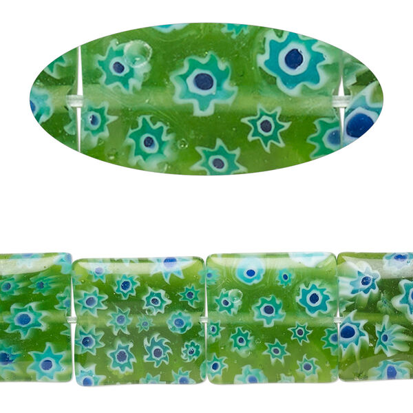 Bead, millefiori glass, translucent green / white / blue, 13mm-15x14mm puffed square with flower design. Sold per 14-inch strand. image number 0