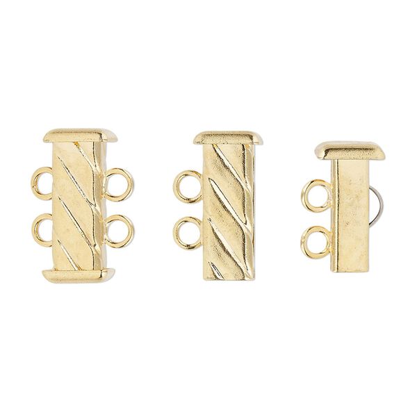 Clasp, 2-strand slide lock, gold-plated brass, 16x7mm corrugated rectangle tube. Sold per pkg of 4. image number 0