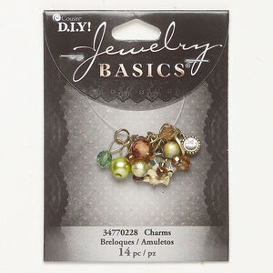 Charm and drop mix 1pkg14, glass / acrylic / mixed finish steel and brass, multicolored, 9-16mm round / square / bird.