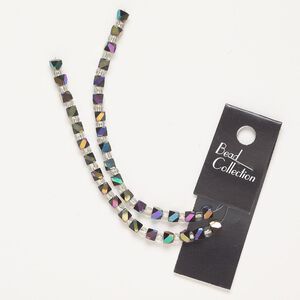 Bead, glass, pkg/8 inches, 4-5mm 2-cut cube, iris peacock.