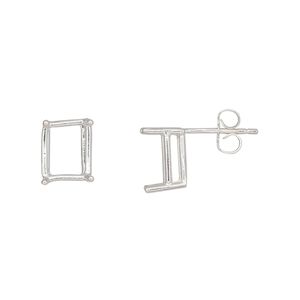 Earstud 1pkg2 Sure-Set™ sterling silver, 9x7mm emerald cut pre-notched 4-prong basket-style setting / earnuts, 1 pair