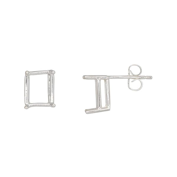 Earstud 1pkg2 Sure-Set™ sterling silver, 9x7mm emerald cut pre-notched 4-prong basket-style setting / earnuts, 1 pair image number 0