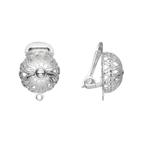 Earring, clip-on, silver-plated brass, 15mm with 12mm filigree half ball and closed loop. Sold per pkg of 50 pairs. image number 0