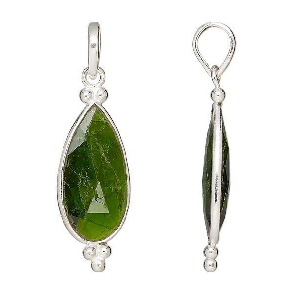 Pendant, chrome diopside (natural) and sterling silver, 23x12mm-28x13mm double-sided faceted teardrop. Sold individually. image number 0