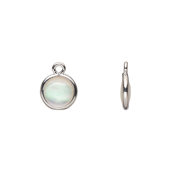 Drop, mother-of-pearl shell and imitation rhodium-finished brass (assembled), 9.5mm-10.5mm double-sided round. Sold per pkg of 4. image number 0