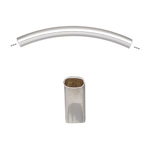 Bead, silver-finished brass, 35x6mm curved oval tube. Sold per pkg of 4.