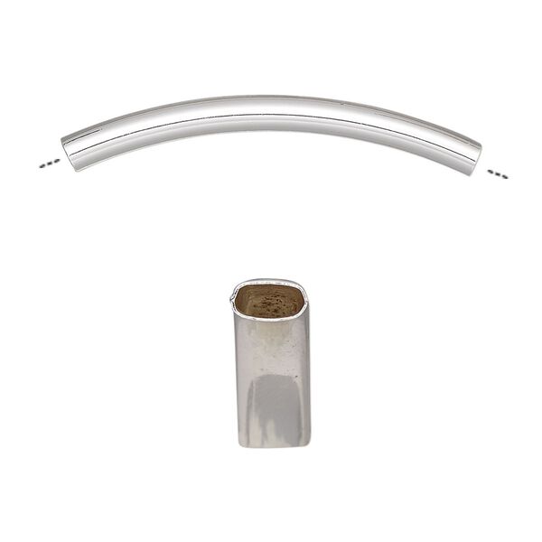 Bead, silver-finished brass, 35x6mm curved oval tube. Sold per pkg of 4. image number 0