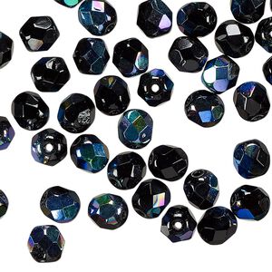 Czech fire-polished glass 1pkg1, faceted round bead half-coated opaque jet black AB 1 mass 6mm