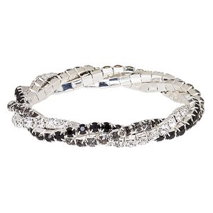 Bracelet, stretch, glass rhinestone and silver-plated brass, clear / black / smoky grey, 9mm wide braided cupchain, 7 inches. Sold individually.