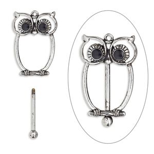 Focal, bead pin, epoxy / antique silver-finished brass / "pewter" (zinc-based alloy), black, 48.5x30.5mm single-sided owl with twist-off top, 24mm beadable length. Sold individually.