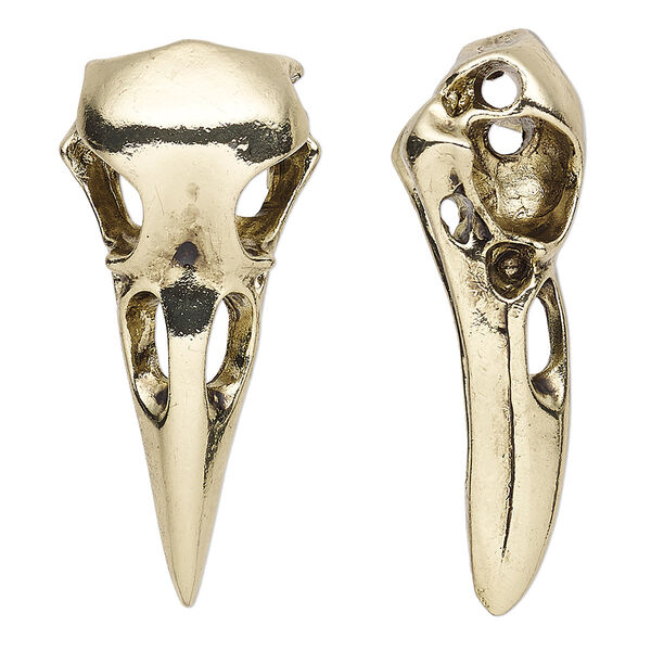 Focal, antique gold-finished "pewter" (zinc-based alloy), 41x18mm double-sided 3D raven skull. Sold per pkg of 2. image number 0